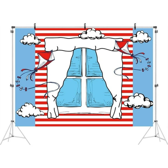 Cartoon Window Backdrops for Kids Birthday Party Background Blue Red Kite Striped Kids Baby Shower Party Backdrop Boys Girls 1st Birthday Decorations Cake Table Banner 5x3ft