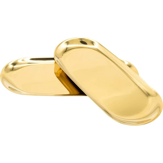 2 Pcs Stainless Steel Towel Tray Dish Plate Storage Tray Tea Tray Fruit Trays Cosmetics Jewelry Organizer, Oval , Gold