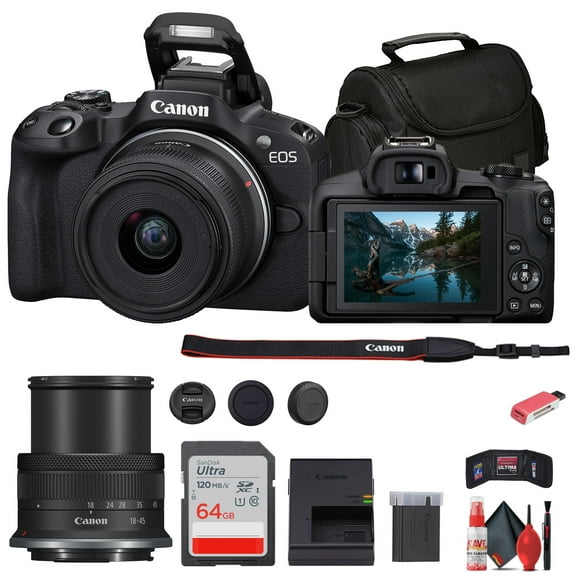 Canon EOS R50 Mirrorless Camera with 18-45mm Lens (Black, 5811C012) Bundle with 64GB Memory Card, Bag, Card Reader, Memory Wallet & Cleaning Kit