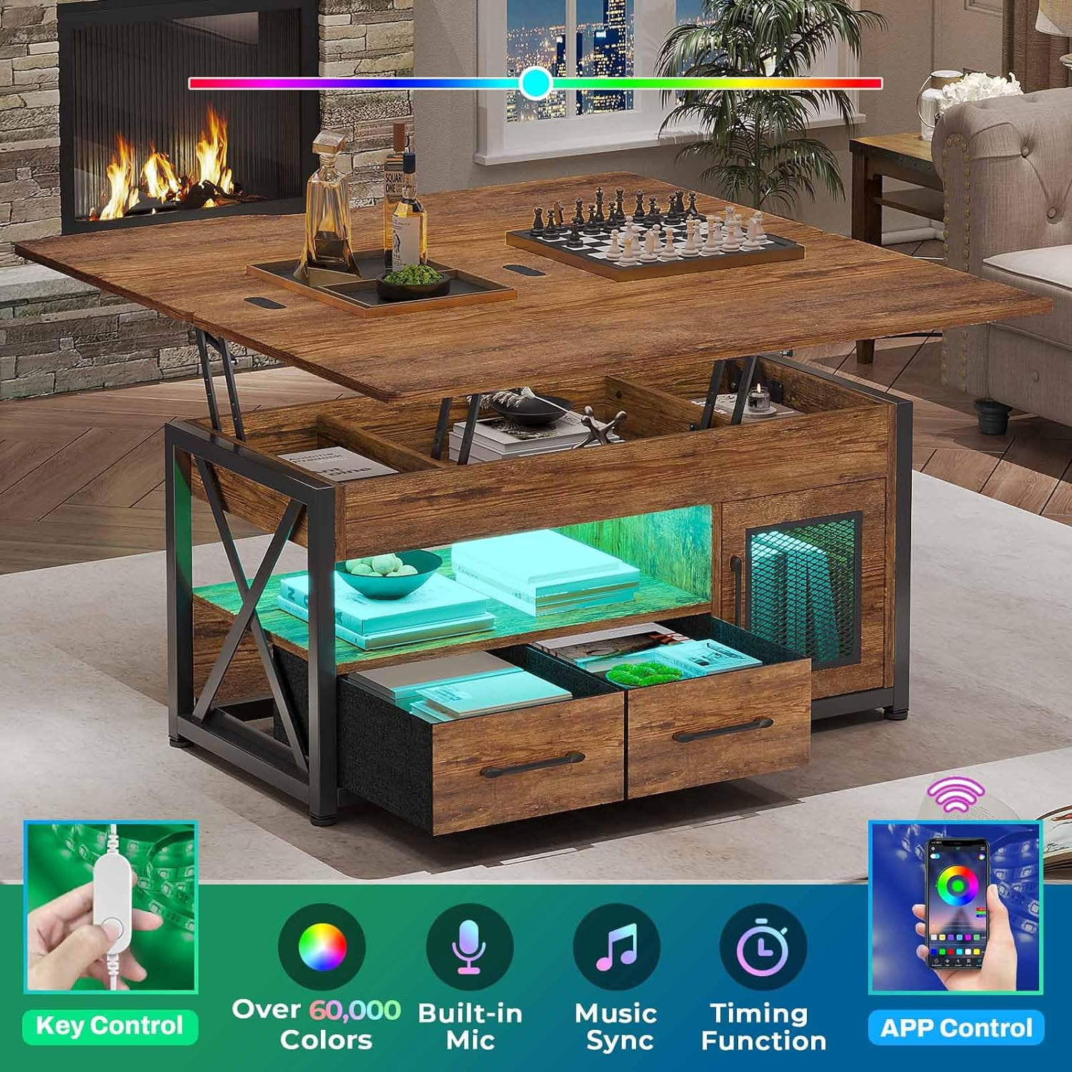 40" Lift Top Coffee Table, 4 in 1 Coffee Tables with Storage Cabinet for Living Room, Small Farmhouse Coffee Table with 2 Fabric Drawers & LED Light for Dining Room, Rustic Brown