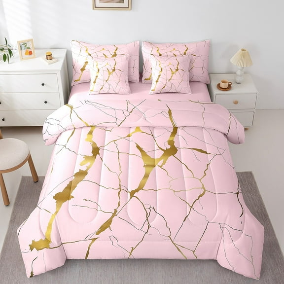 Manfei Pink Marble 7-Piece Twin Bedding Sets,Watercolor Art Bedding Comforter Set,Stone Patter Breathable Sheet Sets,Ultra Soft Teenager Bedroom Decor,Reversible