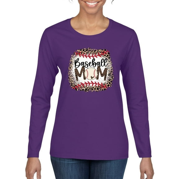 Baseball Mom Jaguar Print Sports Womens Graphic Long Sleeve T-Shirt, Purple, Large
