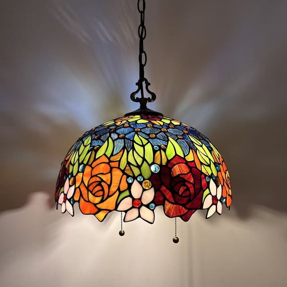 Tiffany Style Pendant Lighting Red Orange Stained Glass Rose Flowers LED Bulb Included for Dining Room 16"W*16"D*75"H