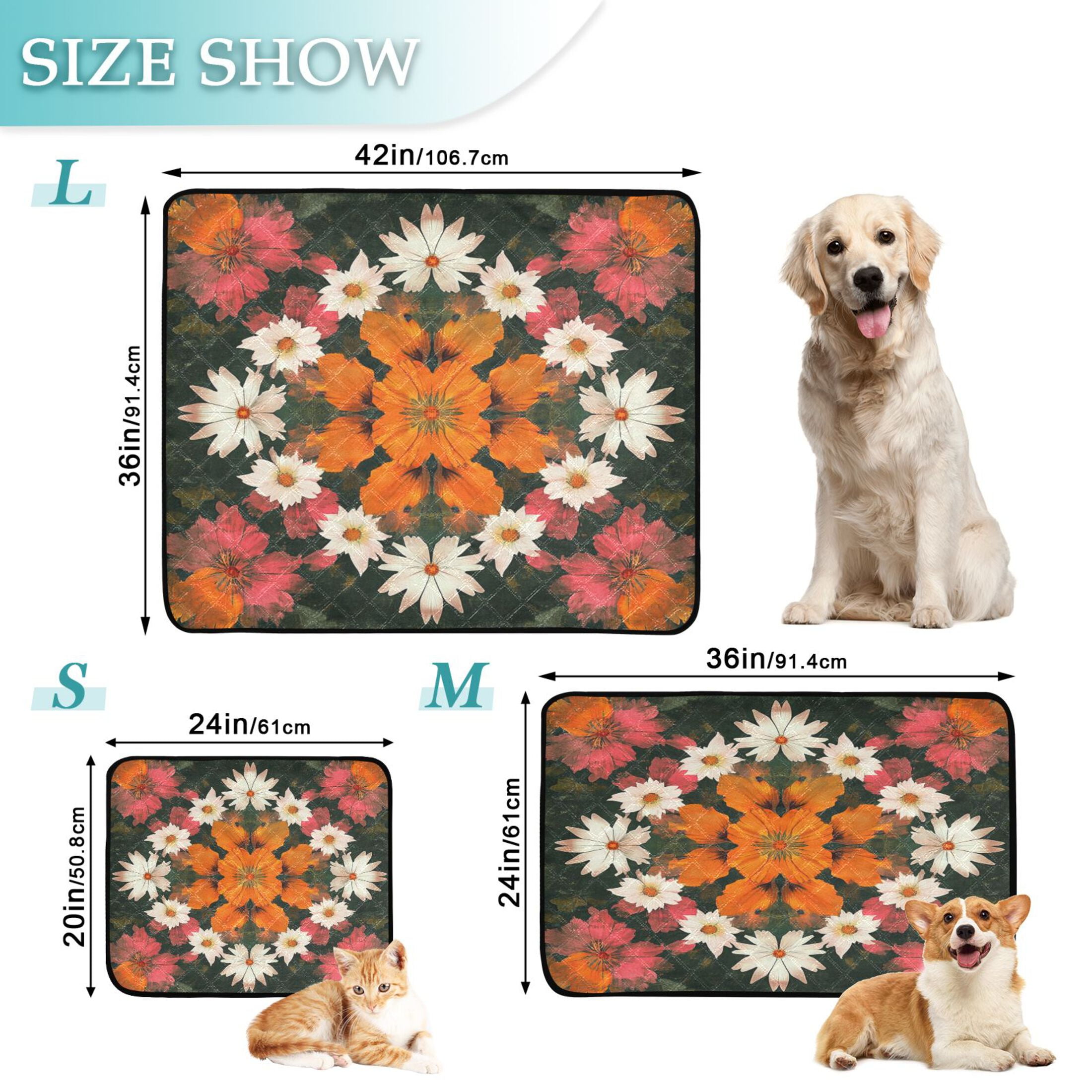Qxltty Vintage Orange and White Flower Cat litter Pads Pet Set of 3 Diaper Mats Center Anti-leakage Layer Absorbent Soft and Comfortable