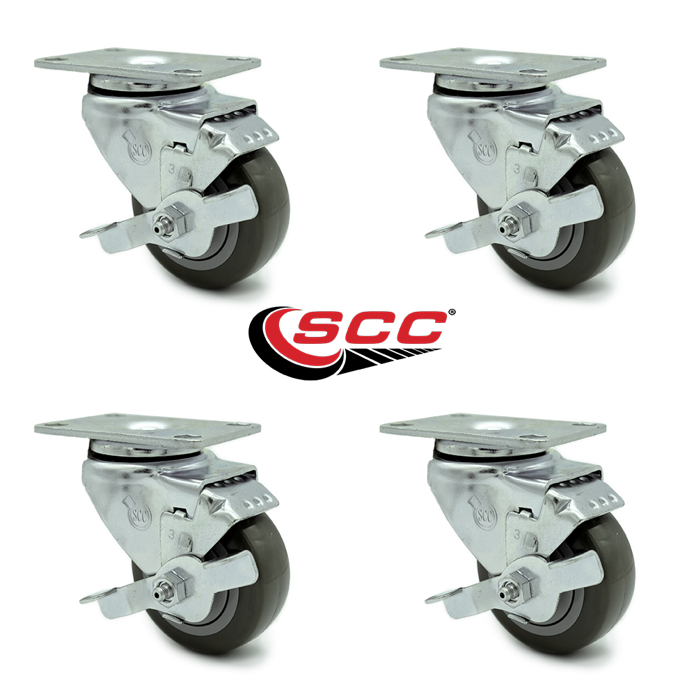 3.5 Inch Gray Polyurethane Wheel Swivel Top Plate Caster Set with Brake SCC