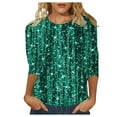 thumbnail image 2 of Carnival Sequin Tops for Women Sparkly 3/4 Sleeve Shiny Crew Neck Shirts Lightweight Glitter Tunic Party Night Going Out Blouse Green L, 2 of 4