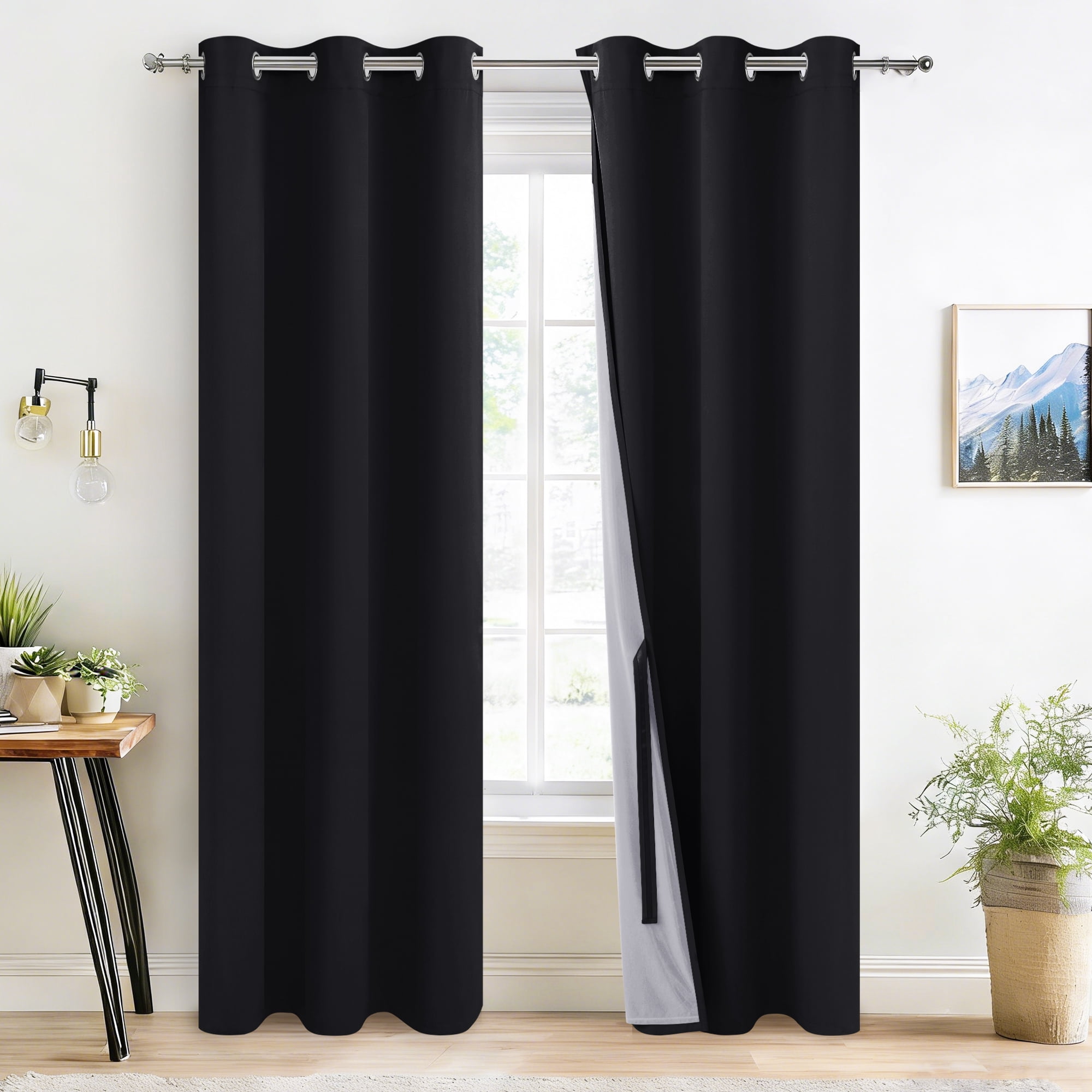 XWZO Black 100% Double Layer Blackout Curtains 84 Inches Long for Bedroom with Liner,Grommet Thermal Insulated Living Room Darkening Drapes with Tiebacks(Black,42"W x 84"L,2 Panels)