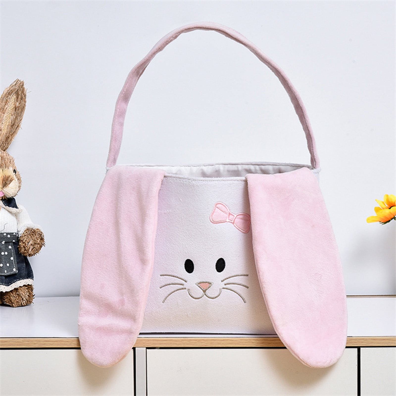 ToyKingdee Easter Basket Easter Bunny Basket, Cute Fluffy Bag with Foldable Ears, Plush Rabbit Tote Bags for Easter Egg Hunts Decorations Candy Gifts Storage