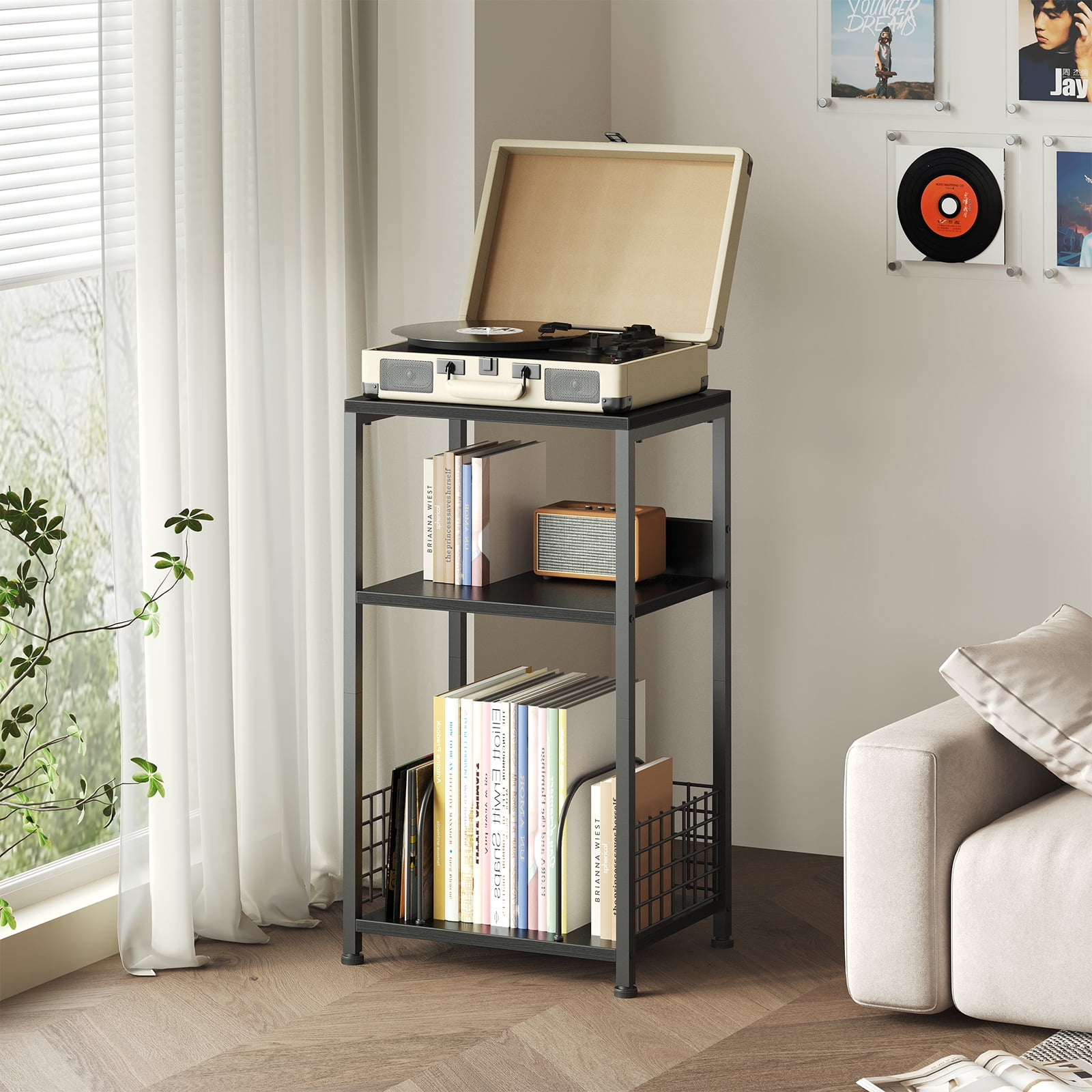 CONCETTA Record Player Stand, 3 Tier Turntable Table with Vinyl Storage for up to 100 Albums, End Side Table for Living Room Bedroom