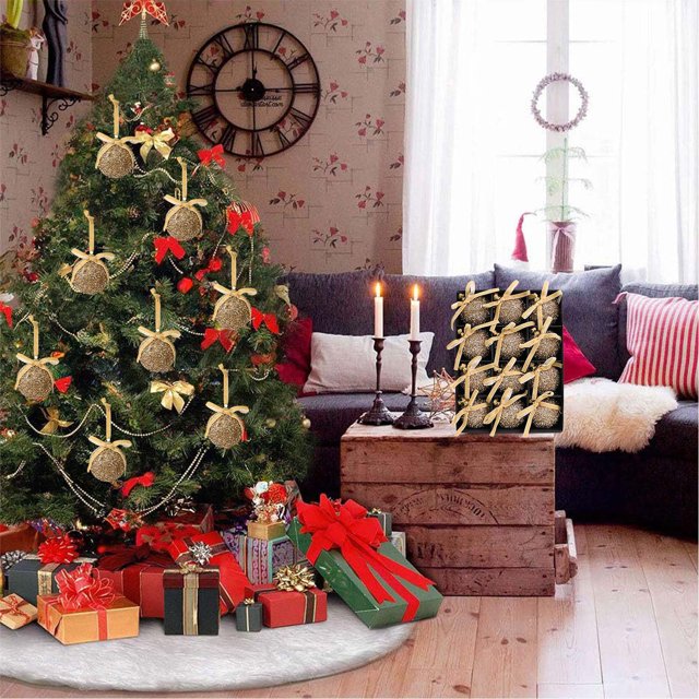 Adornos Navideños de Bolas con Lazo, 12 Unidades, Dorado, Verde, Rojo y Café, de Plástico, para Decoración Del Hogar, Árbol o Ventana | 8 Cm | 440 G