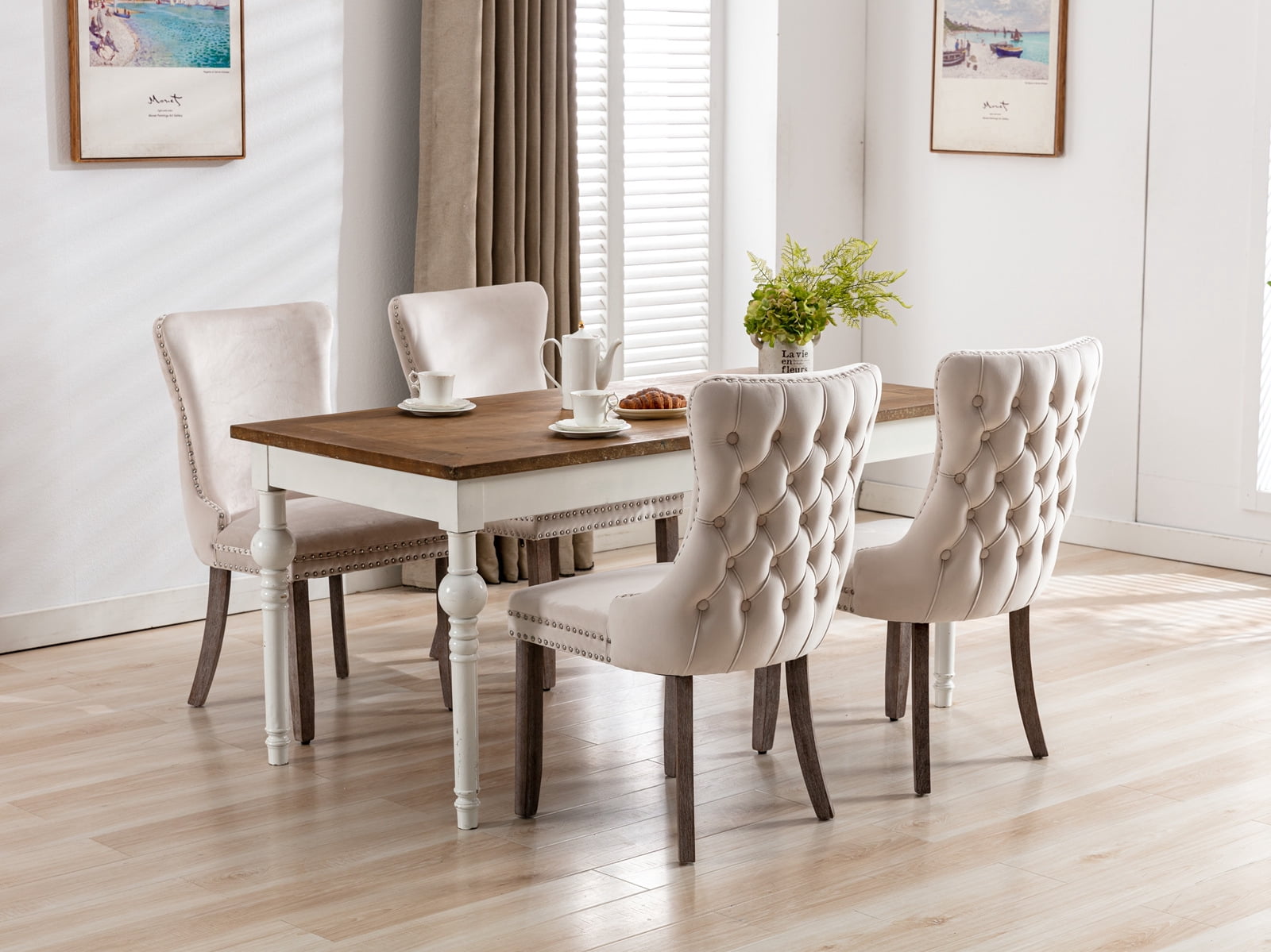 Gewnee Furniture,Upholstered Wing-Back Dining Chair with Backstitching Nailhead Trim and Solid Wood Legs,Set of 2, Beige,Recommended for Use in The Dining Room.