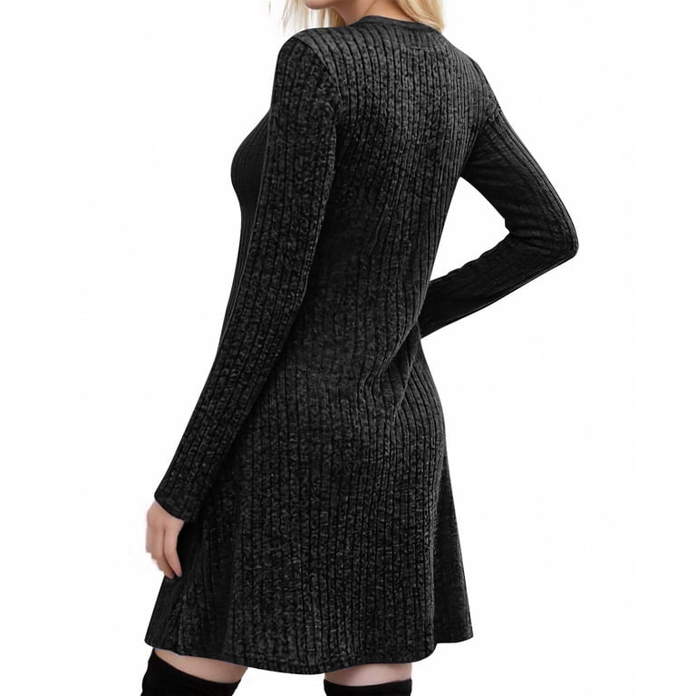 Aohooy Lightweight Sweater Dress for Women Cable Knit Empire Waist Dresses Winter Cozy Texture Long Sleeve V Neck Tunic Dress with Pockets Black,L