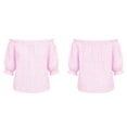 thumbnail image 4 of Ayolanni Short Sleeve 2026 Vacation Clothes Plaid V-Neck Elastic Ruffled Blouse Puff Off the Shoulder Casual Loose T-Shirt Womens Tees Pink XXXL, 4 of 8