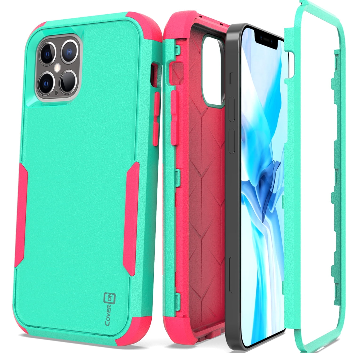 CoverON Apple iPhone 12 Case / iPhone 12 Pro Case (6.1"), Military Grade Heavy Duty Full Body Tri-Layer Rugged Cover, Mint Teal Pink