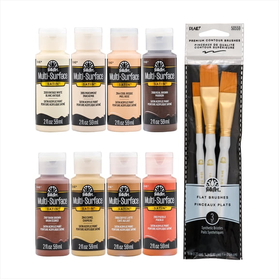 FolkArt Multi-Surface Skintone Acrylic Craft Paint Kit, 11 Piece Set Featuring 8 Satin Finsh Colors and 3 Premium Paintbrushes, PROMOSKNTN12