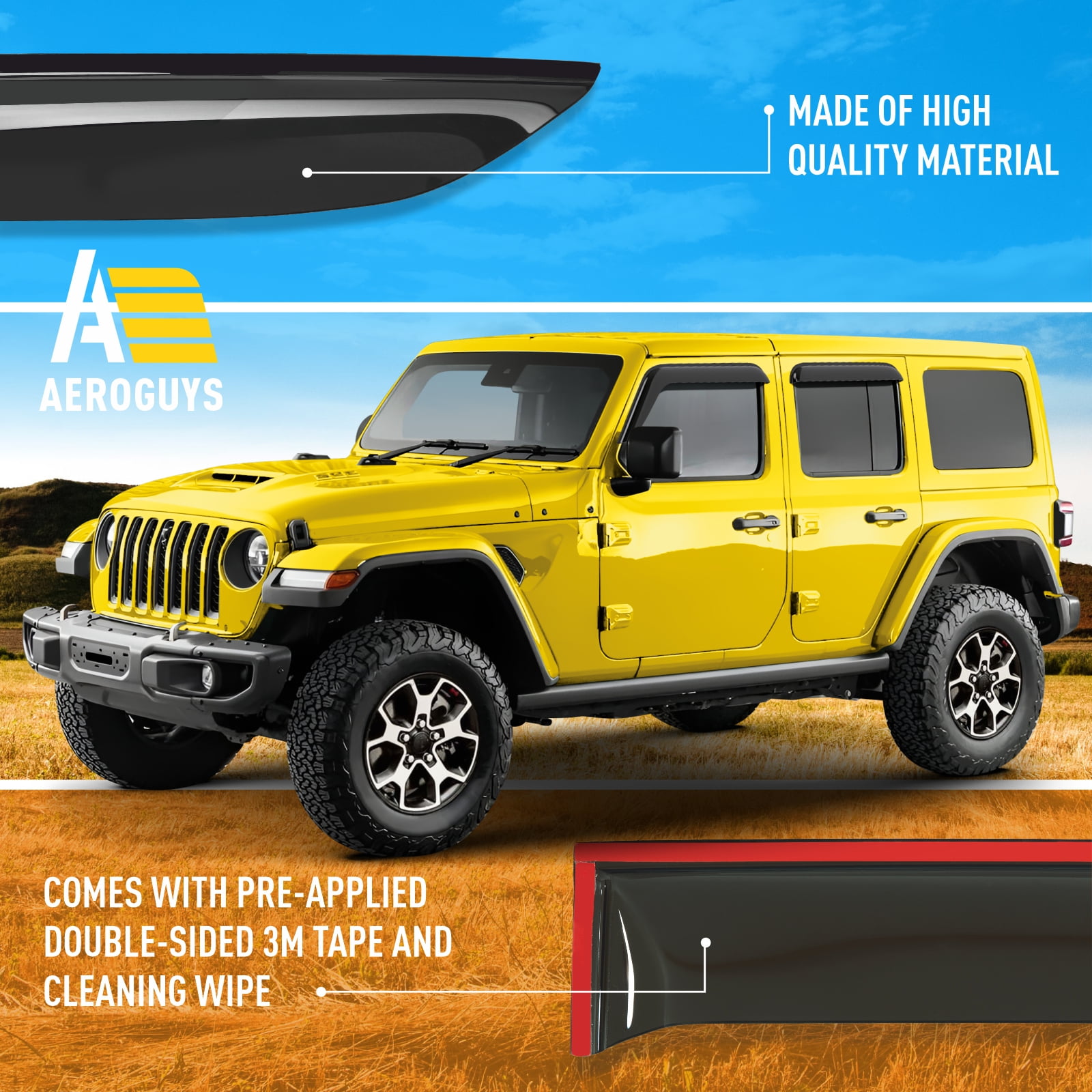 AEROGUYS Tape-On Window Deflectors Extra Durable Window Visors Rain Guards Fit for Jeep Wrangler 2018-2026 JL/Gladiator 2020-2026,Sun Visors, Wind Deflectors,Vent Visors,Car Accessories - 4pcs AG0085