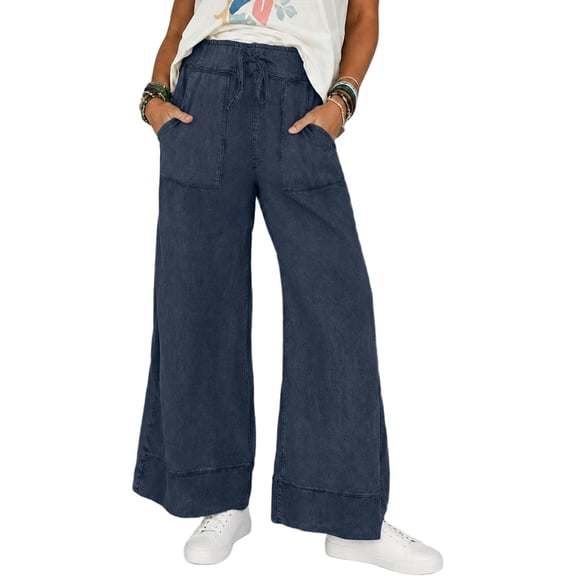 Sewkxo Womens Casual Wide Leg Sweatpants Acid Wash Elastic Waisted Palazzo Pants Trousers with Pockets,Black L