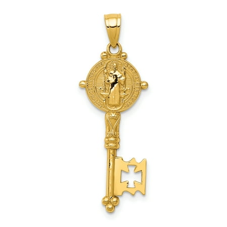 - 14k Yellow Gold San Benito 2 Sided Key Pendant Charm Necklace Religious Patron Saint Medal St Benedict