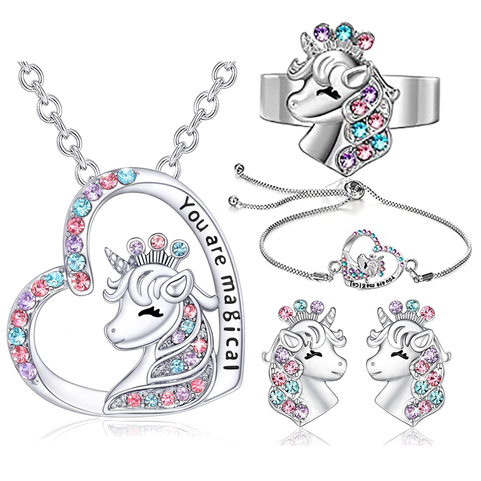 Herdear 4 Pcs Girls Unicorn Jewelry Set Unicorn Necklace Bracelet Ring Stud Earrings for Kids Rainbow Unicorn Jewelry