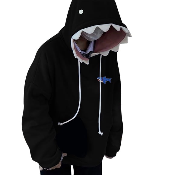 LGASWYX Women Cute Shark Hoodie Long Sleeve Blue Kawaii Shark Shape Hooded Pullover Sweatshirts (Black,XXL)