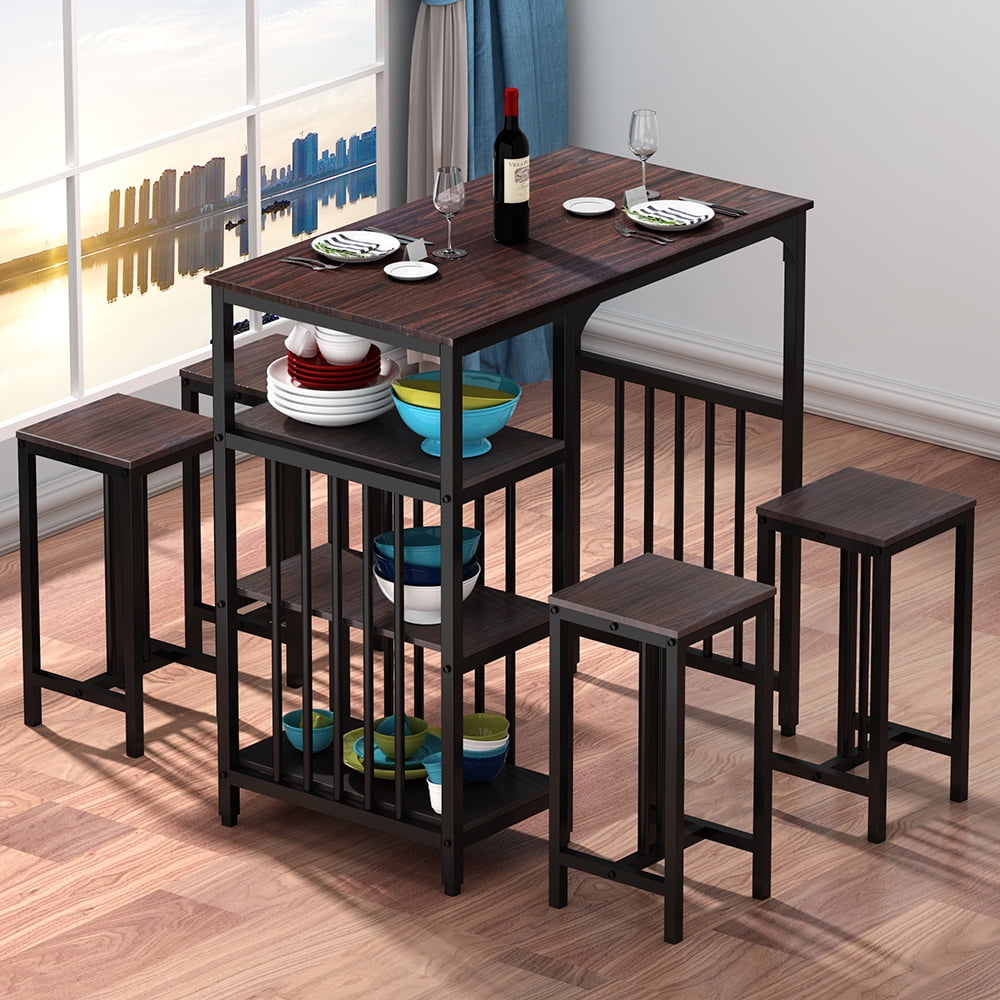 Kepooman 5 Piece Counter-Height Dining Set with 3-Tier Shelves, Espresso Kepooman 5 Piece Counter-Height Dining Set with 3-Tier Shelves, Espresso