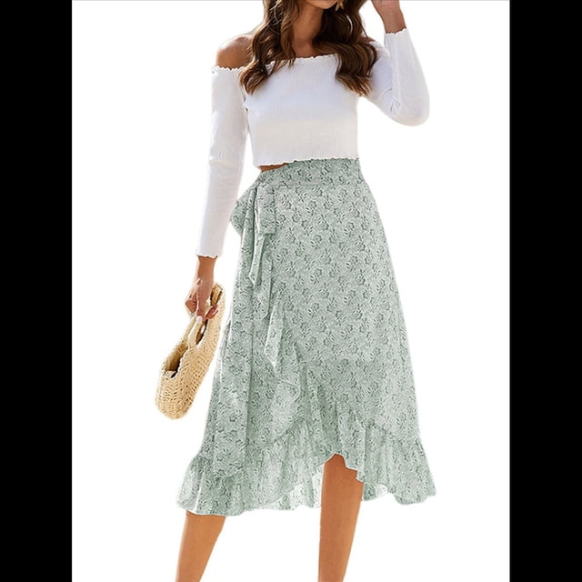Falda Midi con Abertura y Volantes en el Bajo, con Nudo y Estampado Floral Bohemio para Mujer Verde L