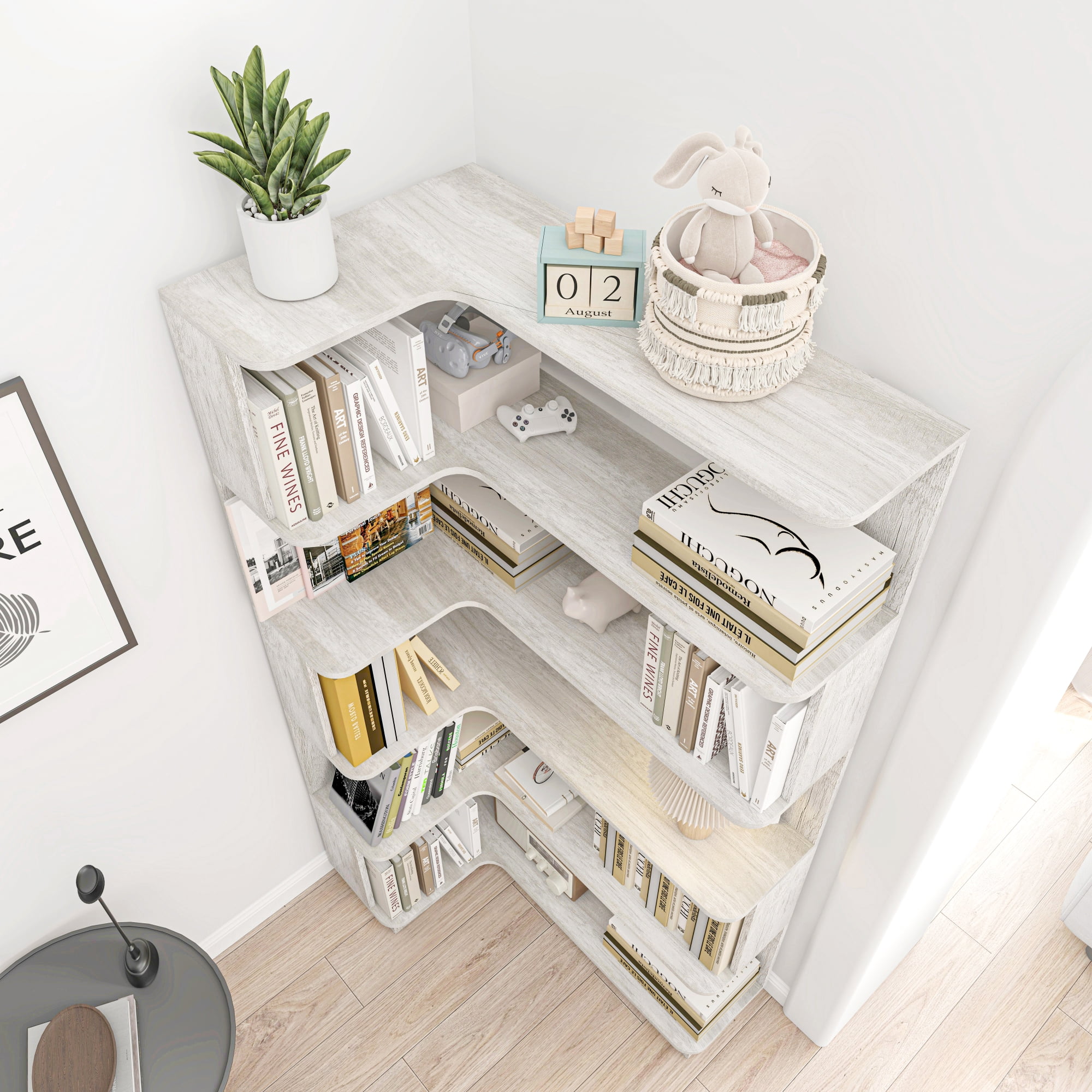 Leumius 5 Tier Freestanding L-Shaped Corner Bookshelf,Wooden Bookcase with Anti-drop Panel and Anti Tipping Device, Display shelf Open Storage,Light Gray