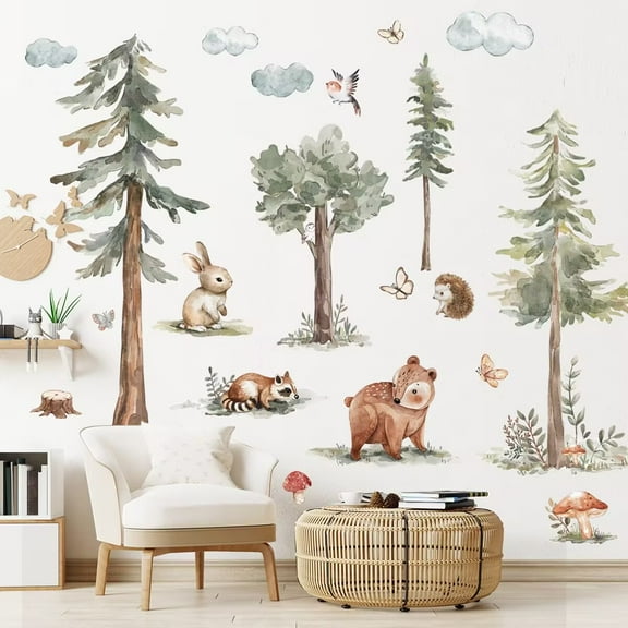 Large Jungle Animals Forest Tree Wall Decal bear  wall DIY Peel and Stick Woodland Hedgehog Stickers DIY Removable Jungle Giant Mountain Art for Bedroom Nursery Room Living Room Playroom