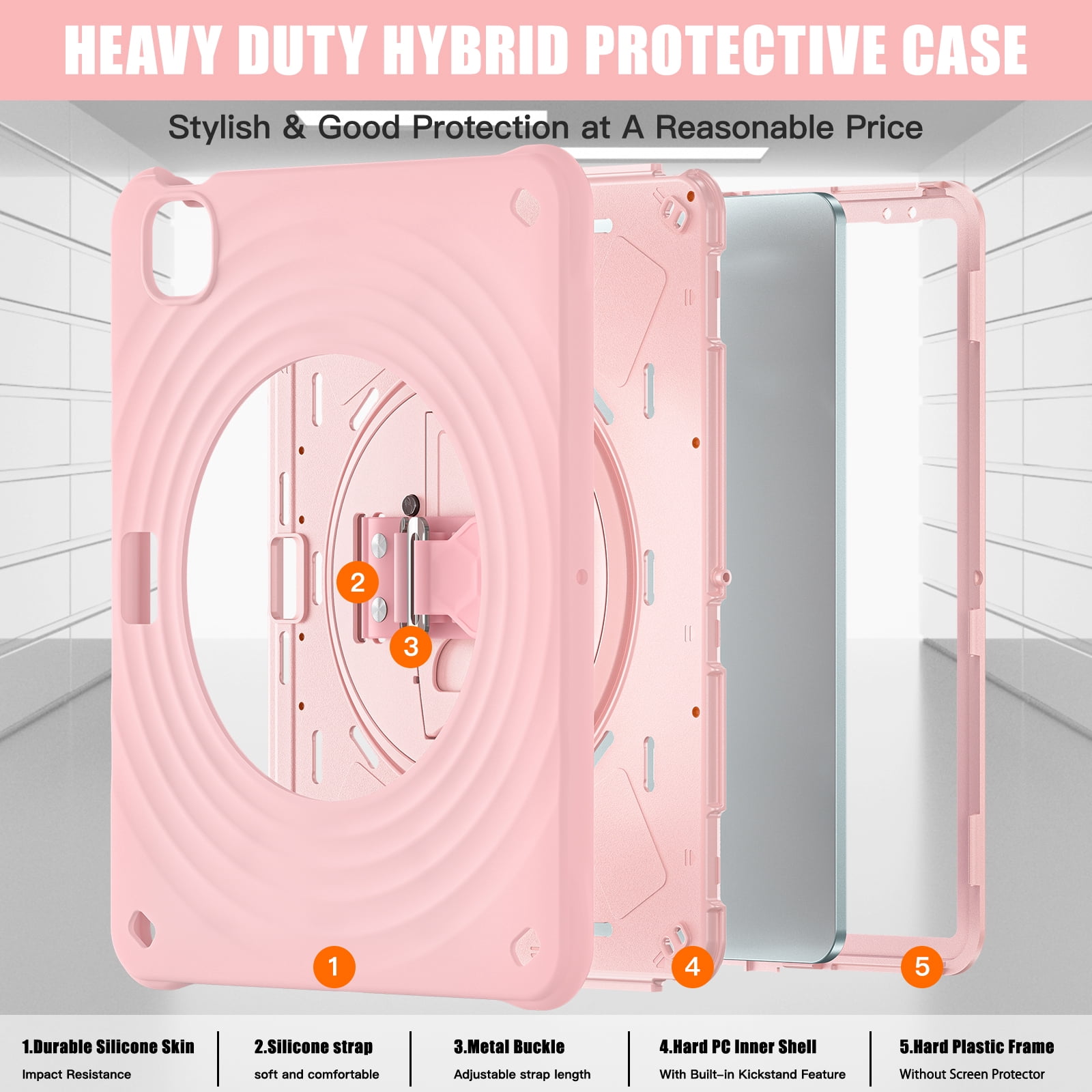 for iPad Air 13" 2025/2024 Case, Durable Sturdy Protection Case with Rotation Stand, Portable Hand Strap and Shoulder Strap Pencil Holder, Heavy Duty Shockproof Anti-Drop Cover, Pink