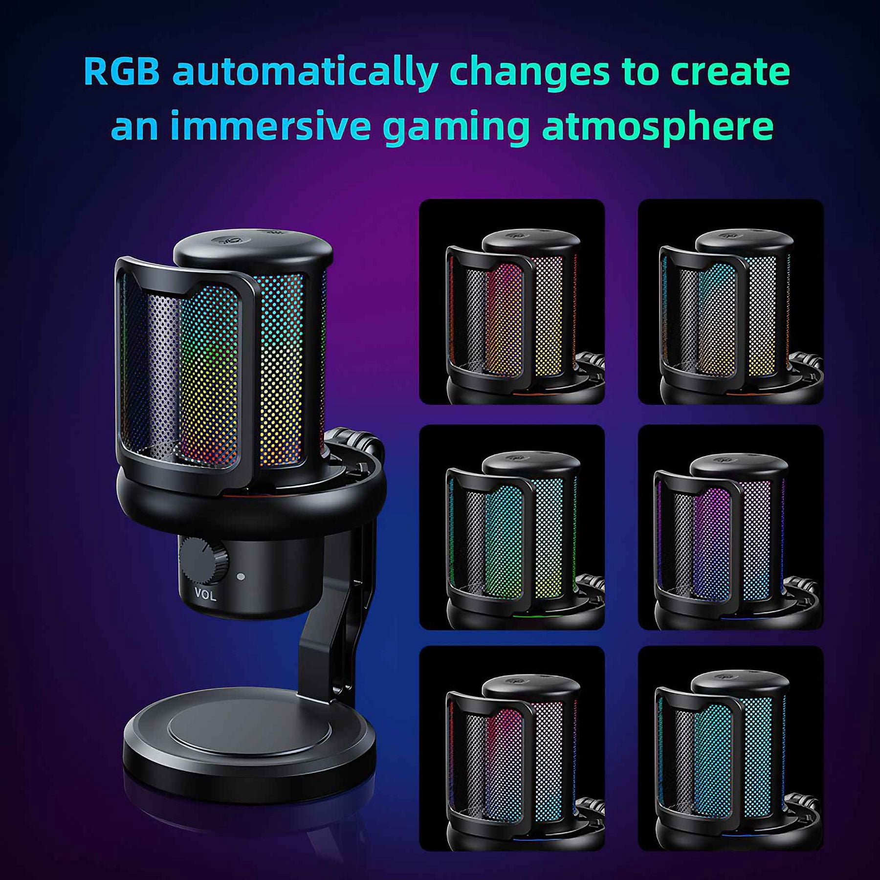 USB Gaming Microphone for PC with RGB, Noise Cancellation, Condenser Mic, Boom Arm, Pop Filter, Shock Mount – Ideal for Streaming, Podcast, Recording on Laptop, Mac, Twitch, YouTube