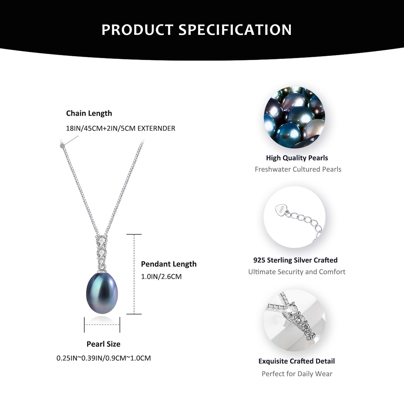 Yami 9-10mm Tahitian Black Pearl Pendant Necklace Saltwater Cultured in 925 Sterling Silver Three CZ Jewelry Gifts for Her