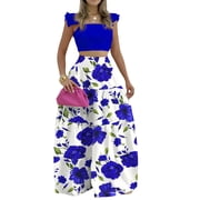 2 Piece Skirt Sets for Women Smocked Waist Floral Tiered Maxi Skirt Set and Cute Crop Tank Top Spring Easter Outfits Blue L