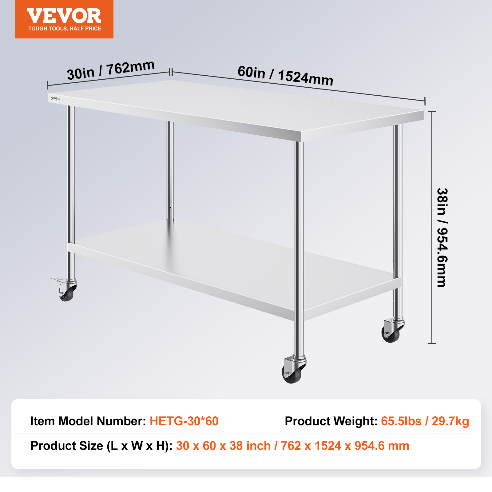 VEVOR Stainless Steel Work Table 30 x 60 x 38 Inch, with 4 Wheels, 3 Adjustable Height Levels, Heavy Duty Food Prep Worktable for Commercial Kitchen Restaurant, Silver