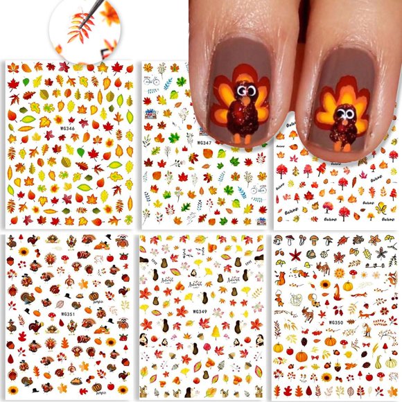 Pegatinas 3D para decoración de uñas de Acción de Gracias, 6 hojas de otoño, accesorios para decoración de uñas, calcomanías autoadhesivas, diseños de hoja de arce, calabaza, pavo, pegatinas para muje