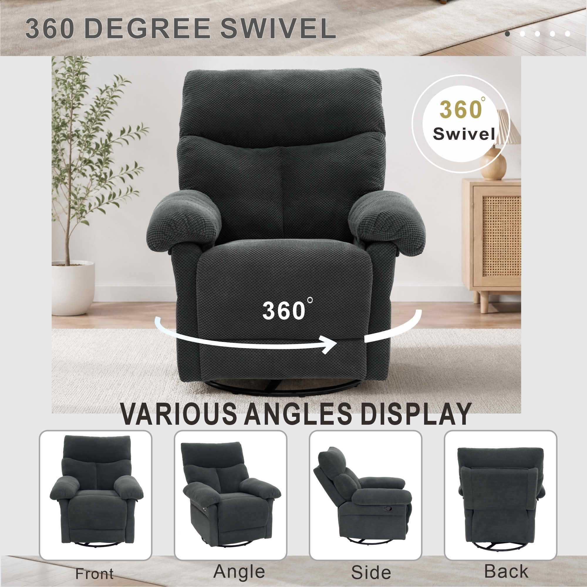 MAYEERTY 41 In Swivel Rocker Recliner, 360 Degree Manual Glider, Overstuffed, Dark Gray, 300 lb