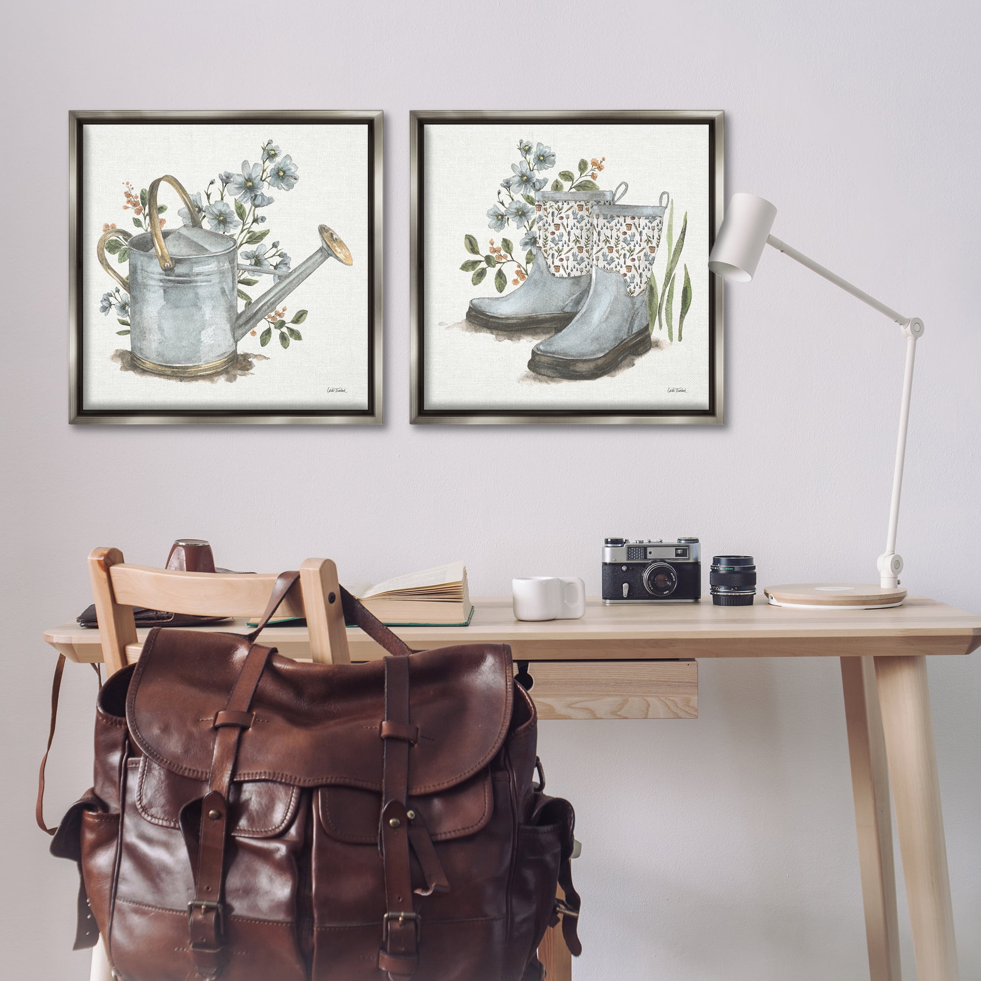 Stupell Industries Floral Watering Can Gardening Boots Plants & Flowers Painting Gray Floater Framed Canvas Art Print Wall Art, 25 x 25, Set of 2