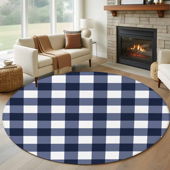 Round Rugs 6 Ft, Navy Blue Plaid Non Slip Area Rugs for Kitchen Bedroom Entryway, White Checkered Farmhouse Buffalo Washable Carpet Runner Rug Floor Mats for Bedroom Home Decor