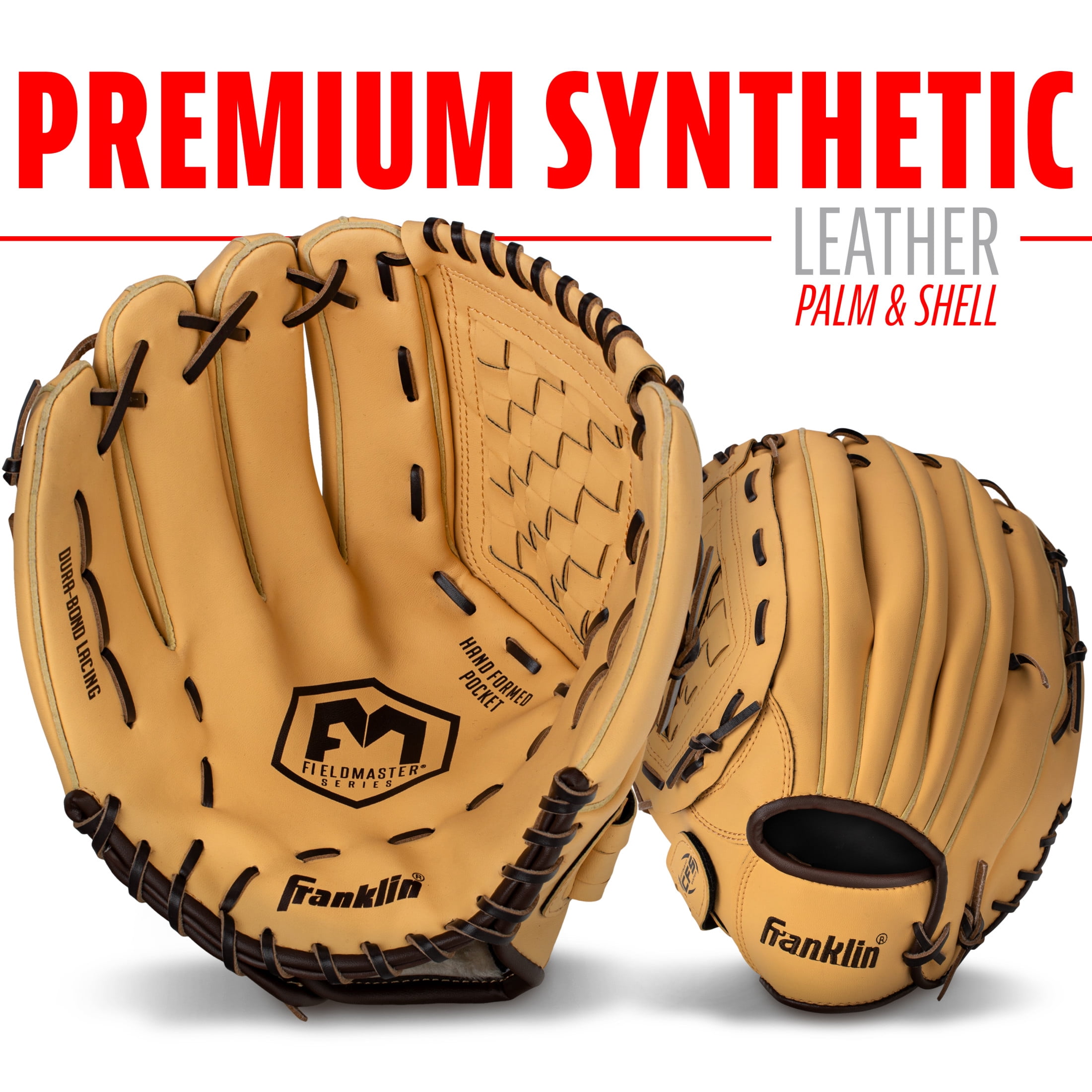 Franklin Sports Field Master Baseball + Softball Glove, 14 in, Camel Brown, Left Hand Throw