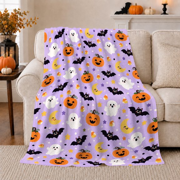 Smiling Ghosts Pumpkins And Bats On Lavender, Cozy Flannel Blanket with Cute Flat Cartoon Print, Housewarming Gift for Cute autumn celebration Fans, Home Decor for Bedroom and Living Room