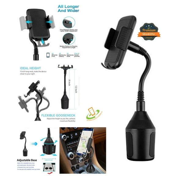 Car Cup Holder Phone Mount, Adjustable Extra Long Arm Gooseneck Cell Phone Holder with 360° Rotatable Cradle Automobile for Most Smartphones Such as iPhone, Samsung , Motorola, LG and GPS, etc