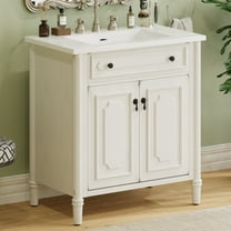 31" Vintage Bathroom Vanity with Sink, Rustic Bathroom Cabinet with Soft Close Doors and Adjustable Shelf, Freestanding Bathroom Vanity with Rubber Wood Legs, White