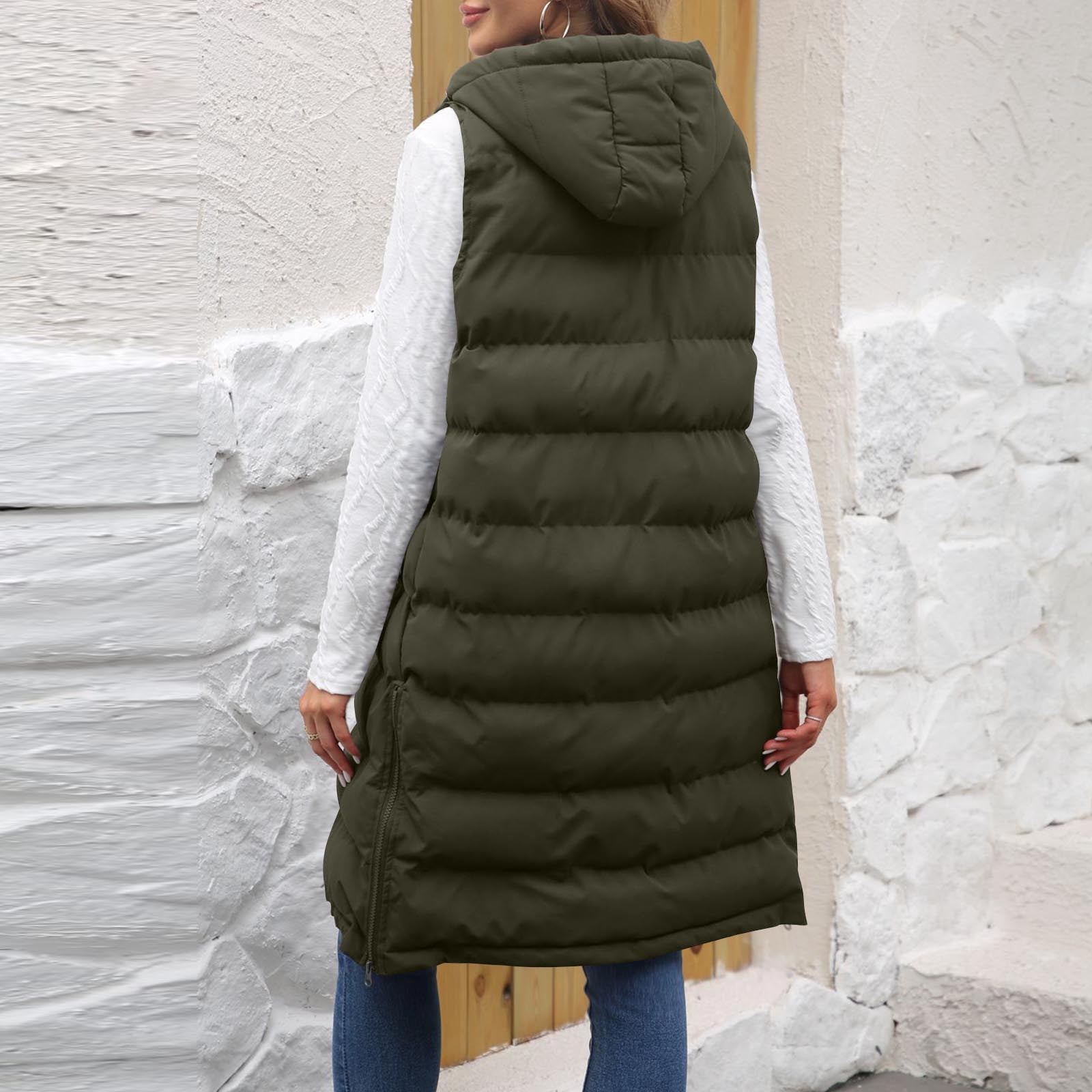 FAVIPT Womens Plus Size Puffer Vest Long Lightweight Hoodie Jacket Zip Up Quilted Button Coats Sleeveless Pockets Trendy 2025 Outerwear Army Green,XXXL
