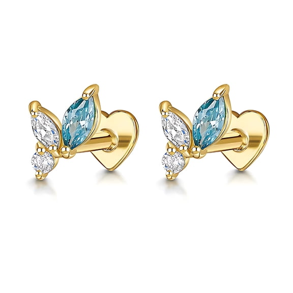 Blue Marquise CZ Flat Back Earrings for Cartilage Helix Tragus Lobe Gold Plated Sterling Silver 1 pair by Ginger Lyne