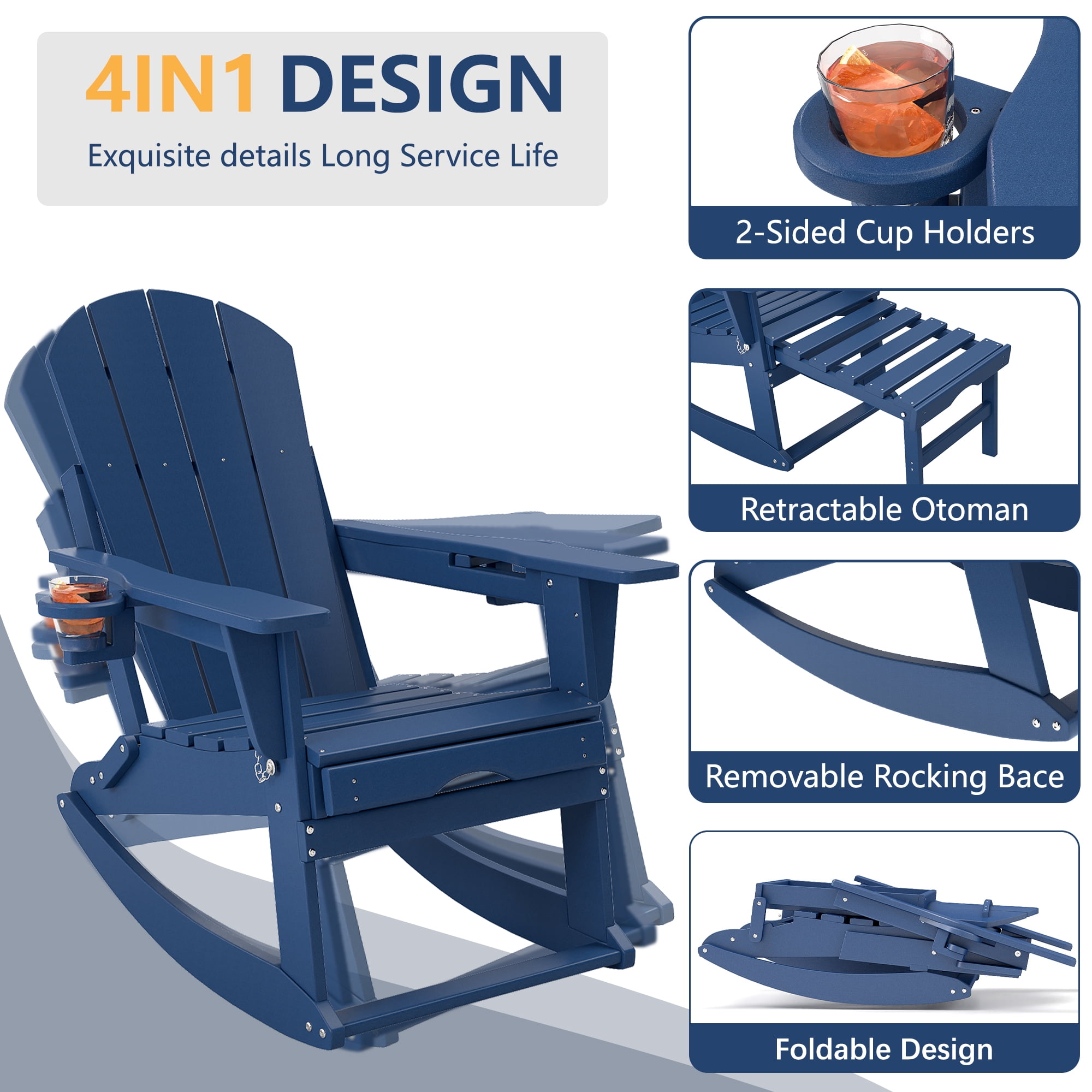 FOOWIN HDPE Plastic Rocking Adirondack Chair Set of 2, Folding Rocking Chairs for Patio Porch Rocker Chair, Blue