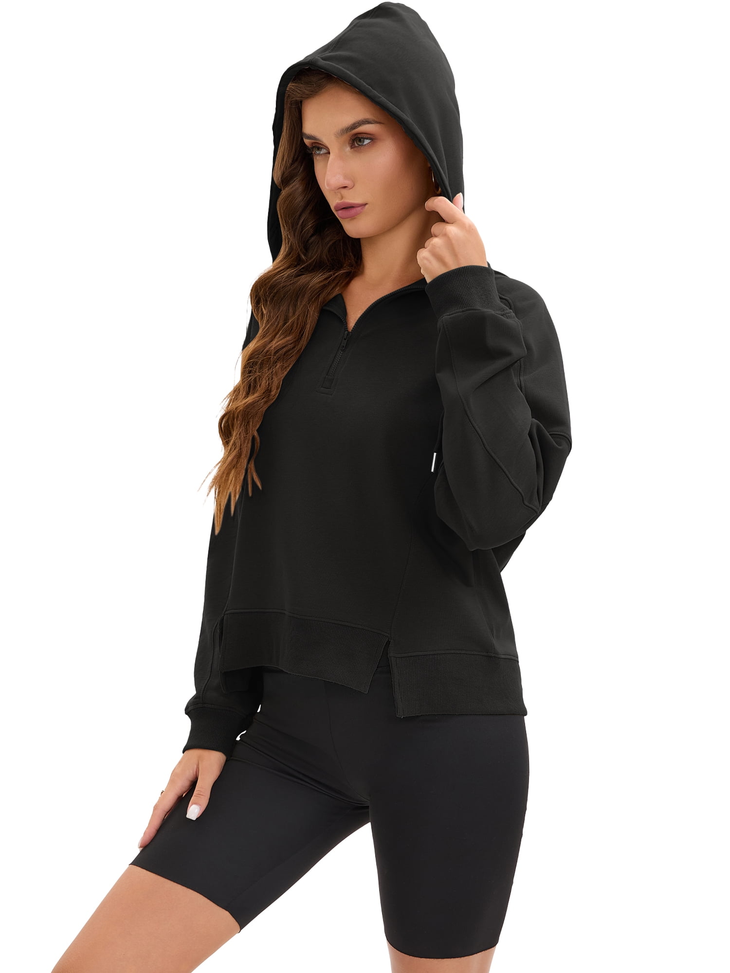 DARING DIVA Women's Stylish Cropped Half Zip Hoodie with Trendy Side Slits S Black