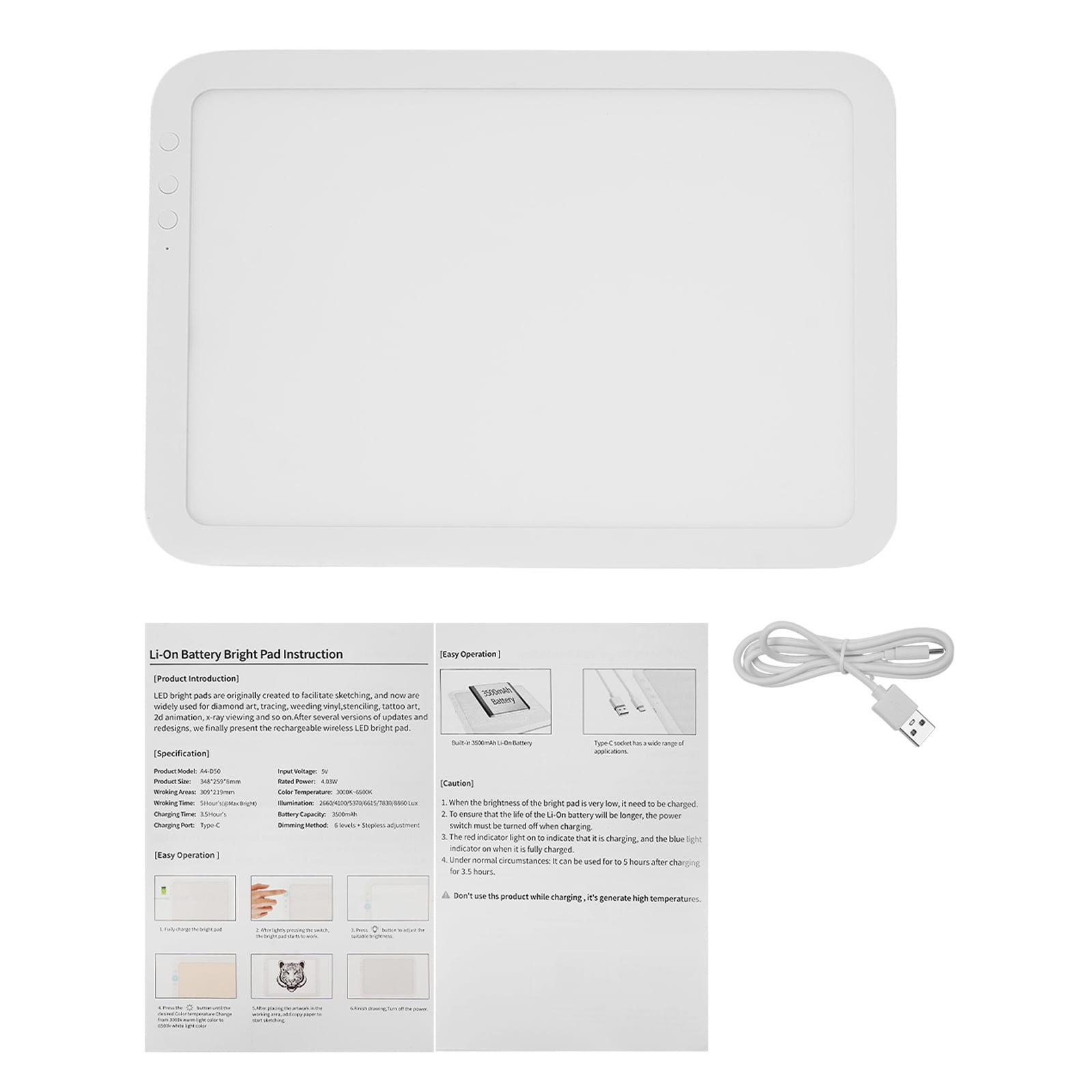 Rechargeable A4 LED Light Pad, Light Box for Tracing, Powered by 3500mAh Lithium Battery 6 Levels of Brightness, Type-c Cable, Light Board/Box for Tracing, Diamond Painting, Sketching & Drawing