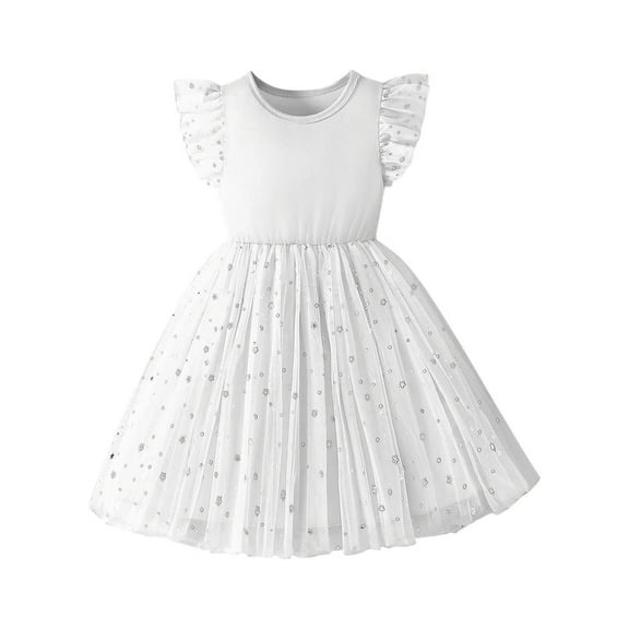 Tulle Dress for Girls Party Outfits Strars Print Ruffle Sleeve Princess Multi-layered Tutu Sundress (9 Years, White)