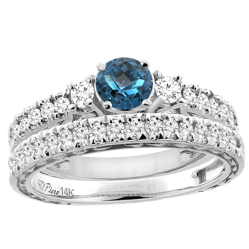 14K White Gold Diamond Natural London Blue Topaz Engagement 2-pc Ring Set Engraved Round 6 mm, size 6.5 by Gabriella Gold