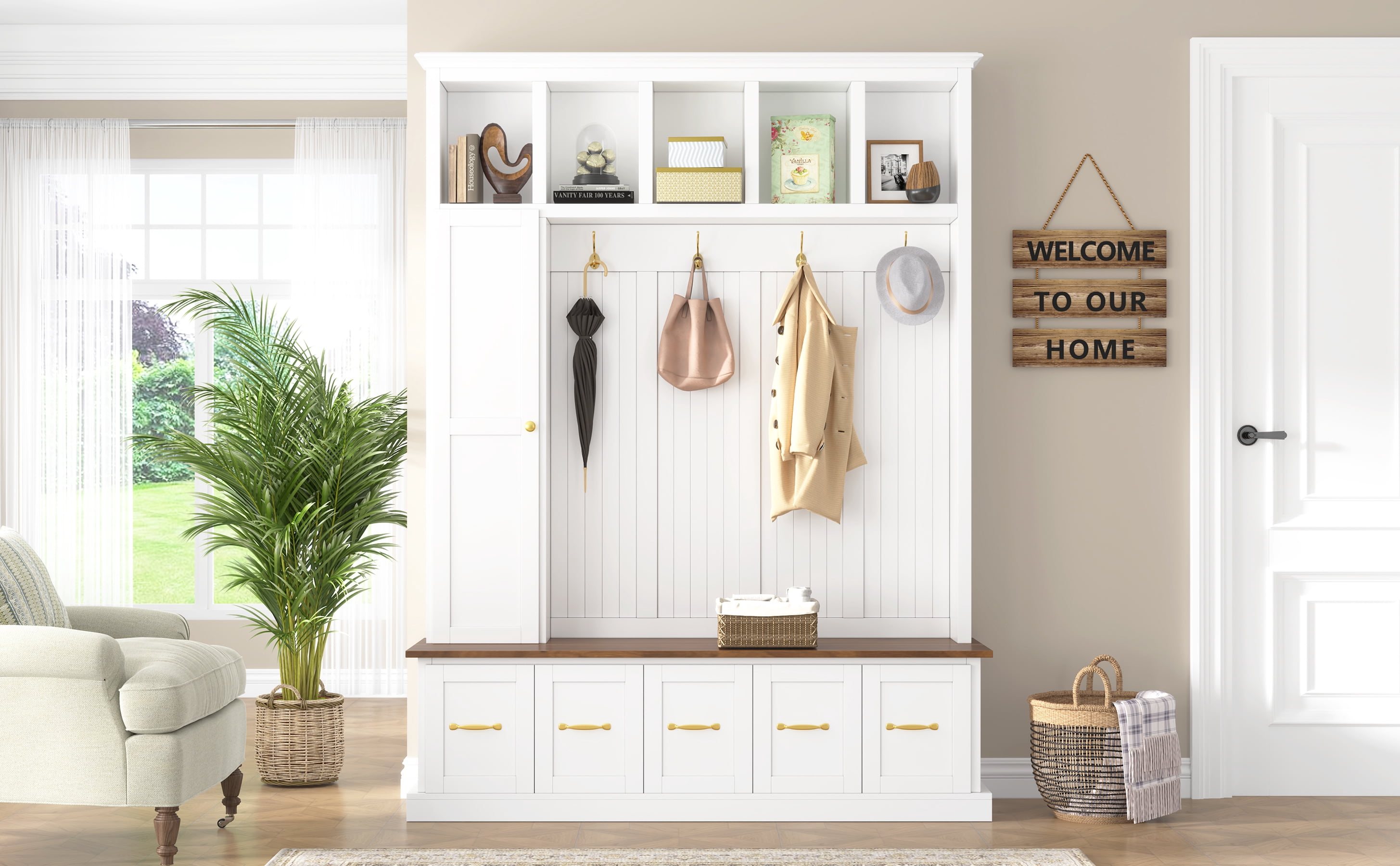 Mintazer 78.7” Tall Farmhouse Entryway Hall Tree with Coat Rack Hooks, 2 Closet, 5 Drawers & Shoe Storage Bench for Living Room, Bedroom, Hallway, White