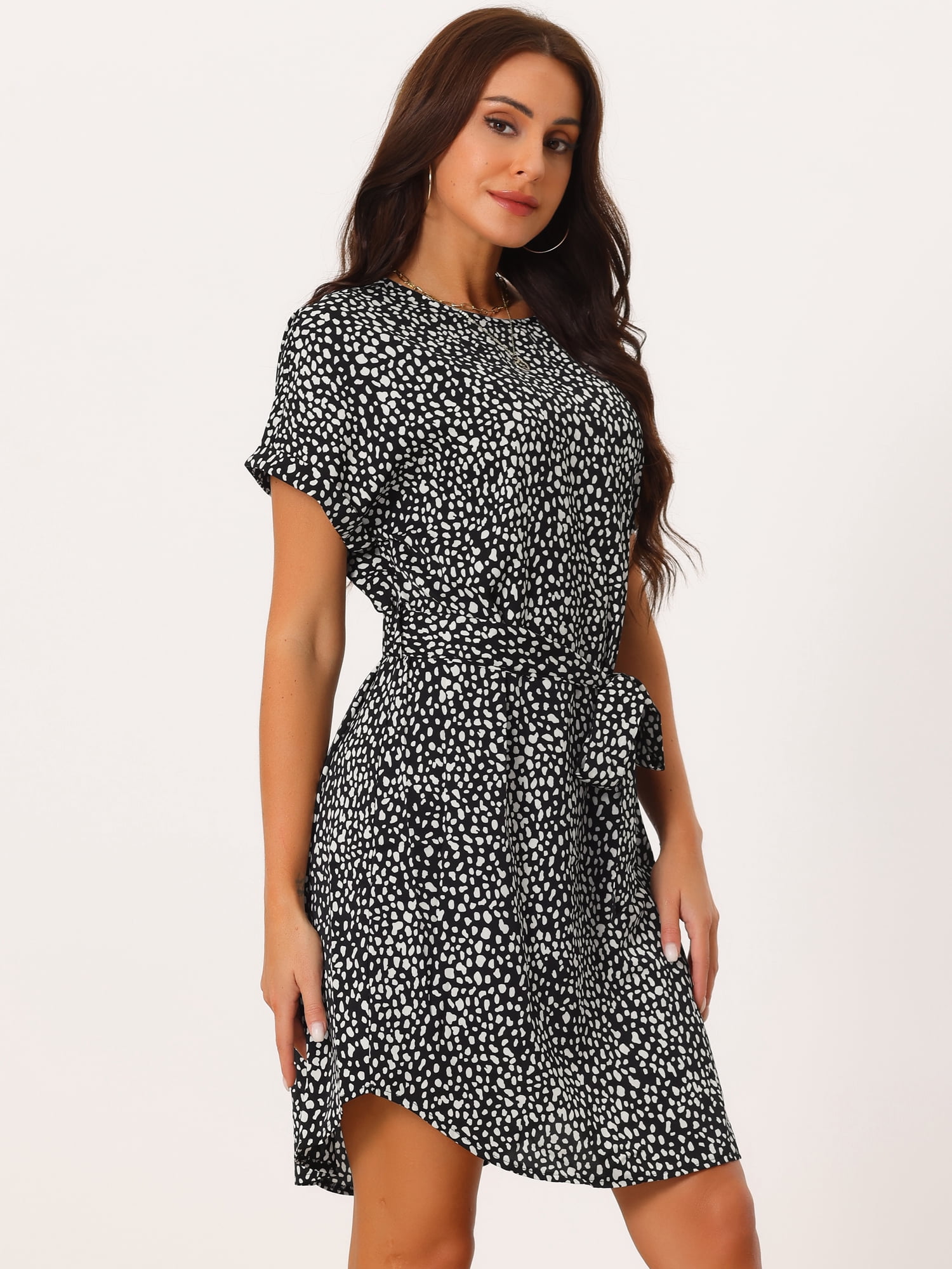 DARING DIVA Women's Crewneck Tie Waist Casual Polka Dots Dress S Black